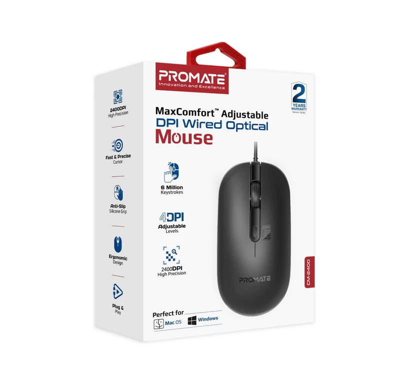 Promate Sleek 4 Button Wired Optical Mouse (CM-2400) - 2400 DPI, MaxComfort™ Adjustable DPI, 1.5M Cable Length