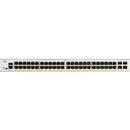 Cisco Catalyst 1300 48-Port PoE+ Managed Switch rear panel showing AC power socket, dual cooling fans, and grounding screw