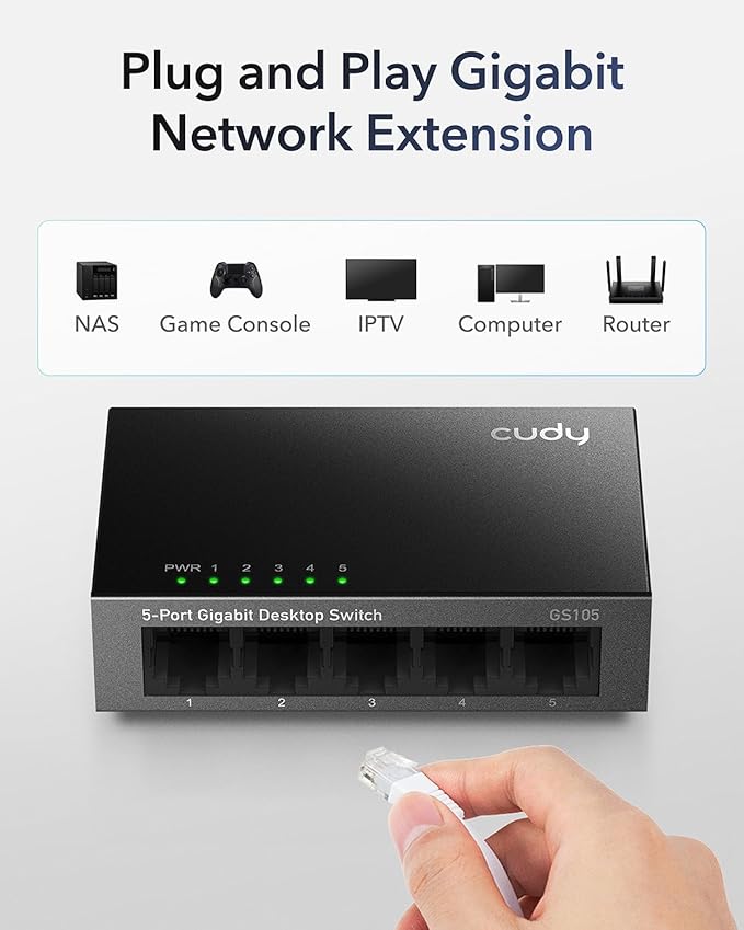 Cudy GS105 5-Port Gigabit Unmanaged Switch, Ethernet Hub & Splitter, Plug & Play, Fanless Metal Design, Traffic Optimization