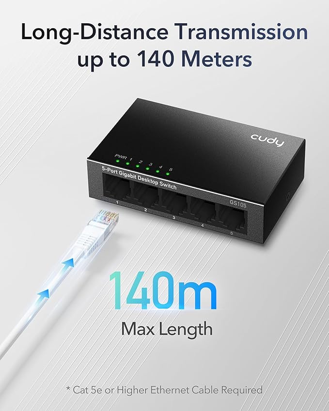 Cudy GS105 5-Port Gigabit Unmanaged Switch, Ethernet Hub & Splitter, Plug & Play, Fanless Metal Design, Traffic Optimization