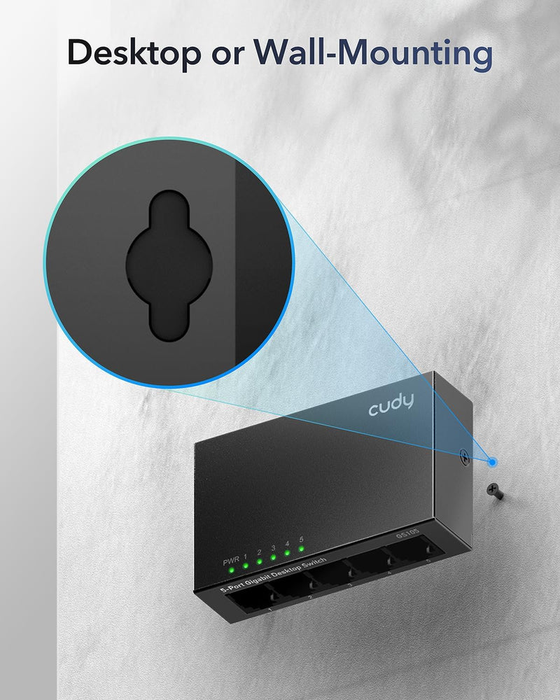 Cudy GS105 5-Port Gigabit Unmanaged Switch, Ethernet Hub & Splitter, Plug & Play, Fanless Metal Design, Traffic Optimization