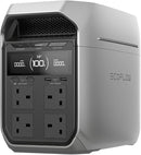 EcoFlow DELTA 3 Plus UK 1024Wh portable power station front view showing LCD screen, USB-C ports, and UK 3-pin AC outlets