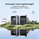 EcoFlow DELTA 3 Plus lightweight 12.5kg unit showing front and rear ports including 4 UK AC outlets, USB-C, USB-A, and DC ports