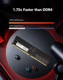 Close up of 288-pin UDIMM connector on Lexar 32GB 5600MHz DDR5 desktop RAM stick