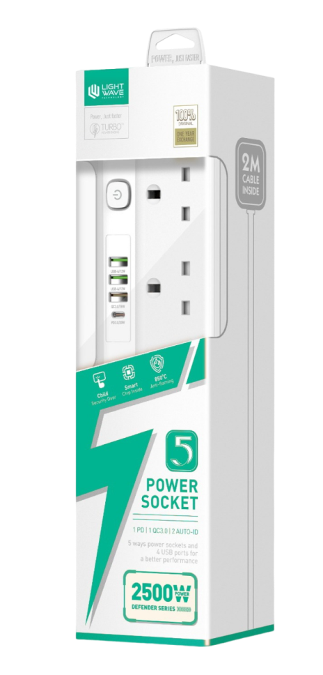 LightWave EXT 54U Power Extension 5 Ports AC with 4 USB Ports Universal Socket Outlets 2 Metres