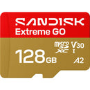 SanDisk Extreme GO 128GB microSDXC memory card and retail packaging featuring 128GB storage, up to 240MB/s read speed and V30 Video Speed Class