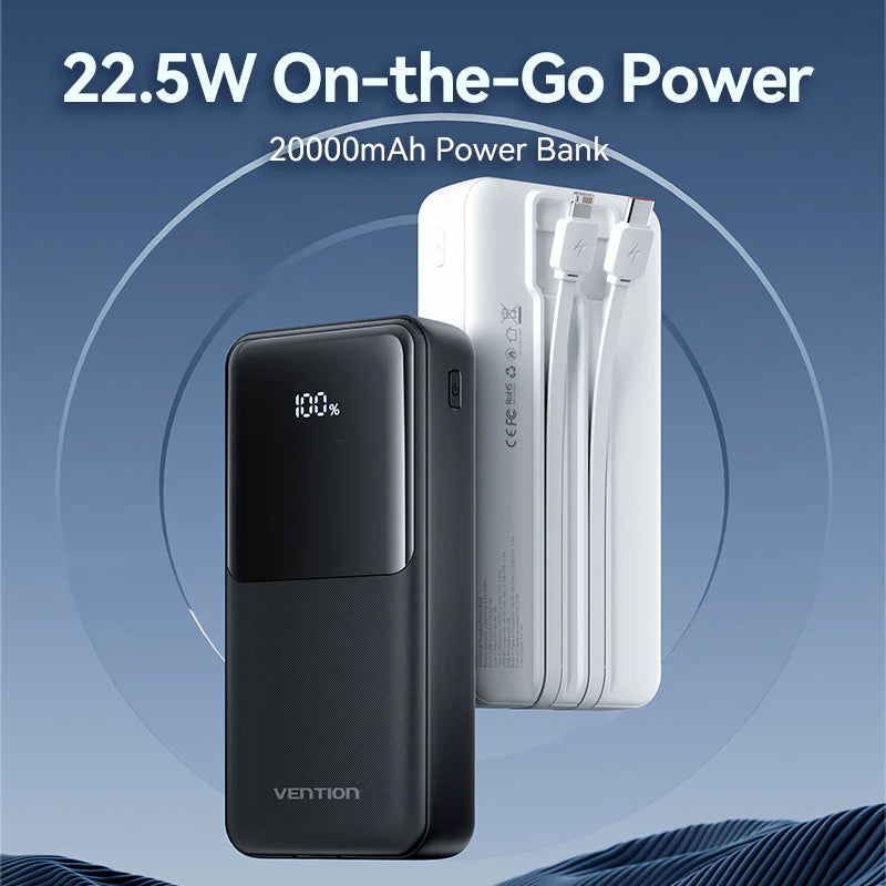 Vention FHPB0 Portable Power Bank - (Micro-USB + USB-C + USB-A + USB-A) with Built-in USB-C and Lightning Cables 20000mAh 22.5W