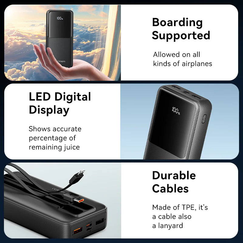 Vention FHPB0 Portable Power Bank - (Micro-USB + USB-C + USB-A + USB-A) with Built-in USB-C and Lightning Cables 20000mAh 22.5W