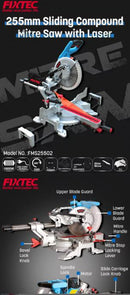 Fixtec FMS25502 1800W 255mm Sliding Mitre Saw – Precision Wood Cutting Saw for Carpentry & DIY