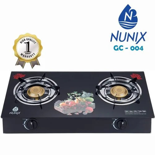 Nunix GC-004 Glass Table top Double Burner Gas Cooker
