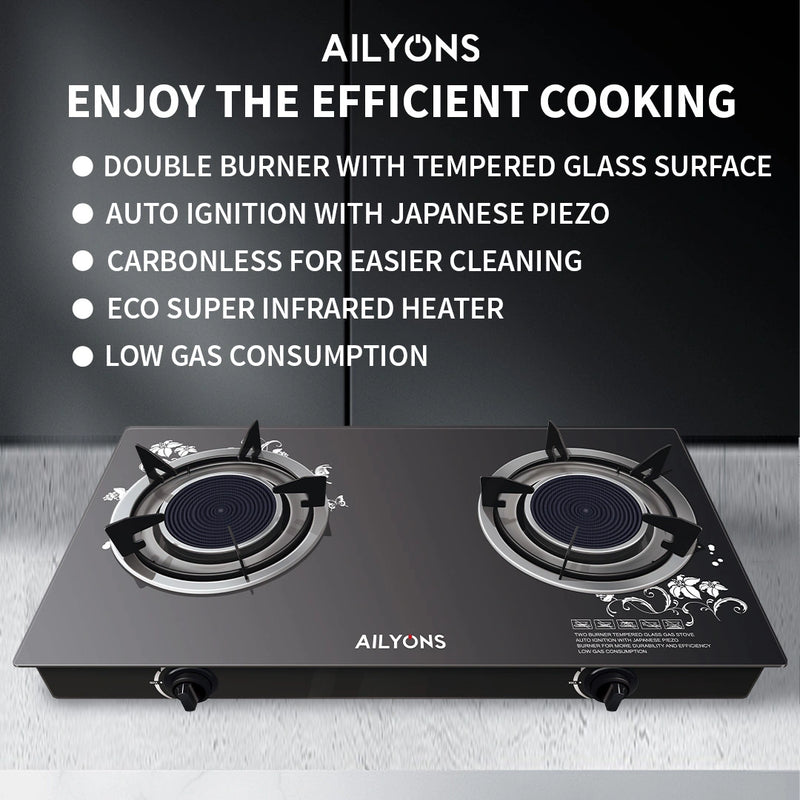 AILYONS GS005A-1 2 Burner Glass Top Gas Cooker & Infrared Double Burner ...
