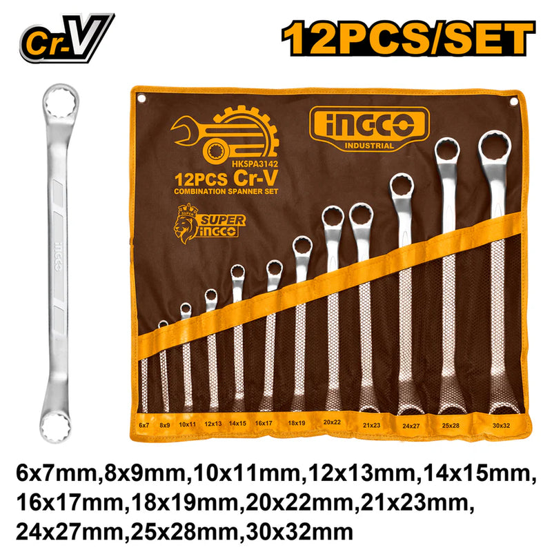 Ingco HKSPA3142 12-Piece Offset Ring Spanner Set - Sizes 6-32mm, Fine Polished