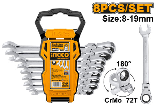 Ingco HKSPAR1083 8 PCS Flexible Ratchet Spanner Set