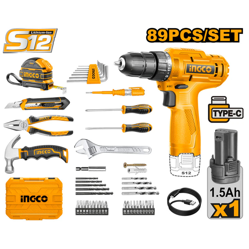Ingco HKTHP10891 Cordless Drill 89Pcs Tools Set