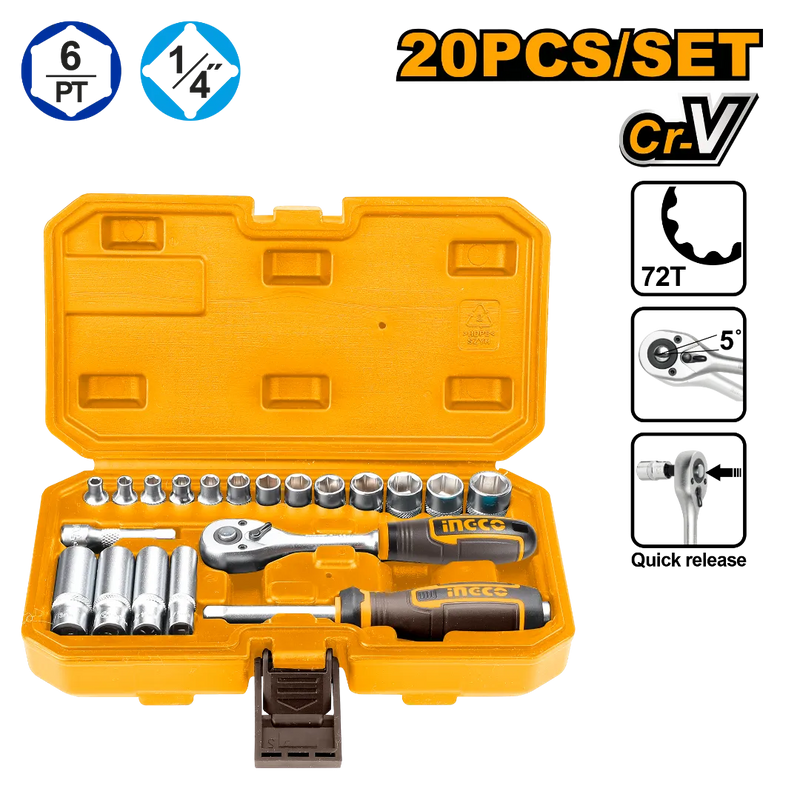Ingco HKTS14201 20 Pcs 1/4 Inch Socket Set