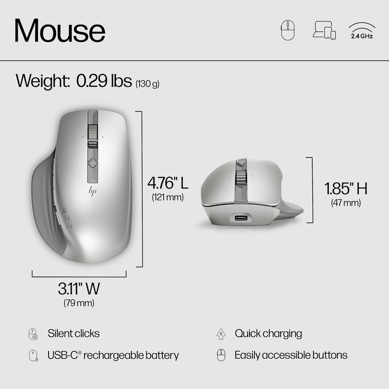 HP 930 Creator Wireless Mouse - Bluetooth/Wired Compatible with USB-A Dongle, 7 Programmable Buttons, Ergonomic Grip, Silent Click & Scroll-Up to 12 Week Battery Life, Rechargeable Mouse
