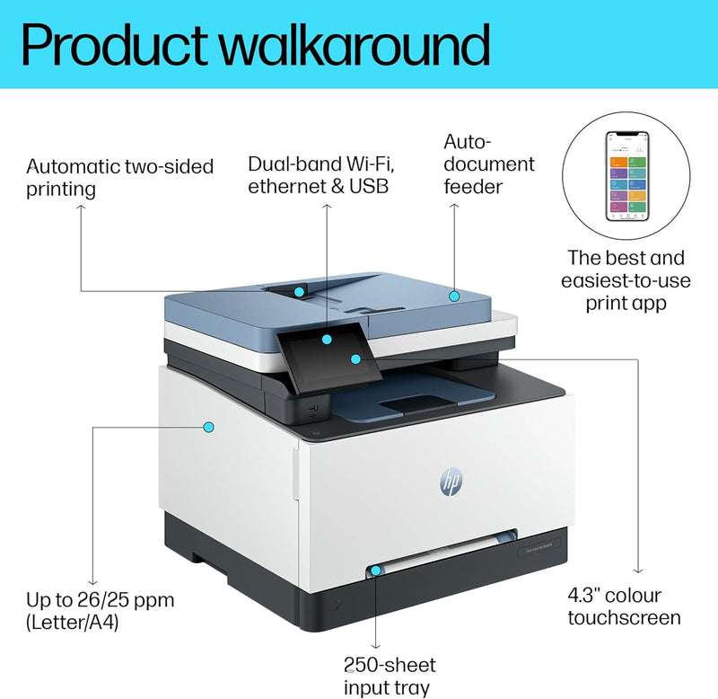 HP Color LaserJet Pro MFP 3303sdw Printer, Print, Copy and Scan - Duplex Printing, ADF, Wireless, Ethernet, USB Interface with LCD Touchscreen - 499M6A