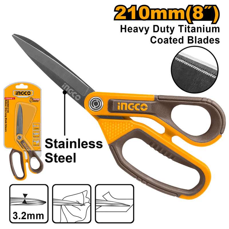 Ingco HSCRS812108  8 Inch Rubber Grip Long-Blade Scissors 
