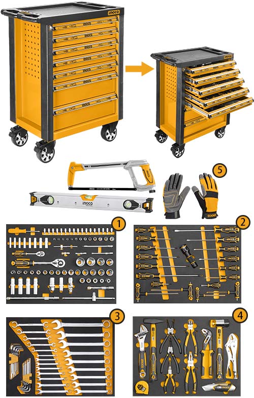 Ingco HTCS271621 Roller Tool Cabinet / Tool Chest with 162 pcs Hand Tools Set