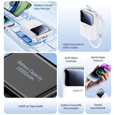 Havit PB5215 Type-C and Lightning Cable 10,000 Mah LED Indicator Powerbank