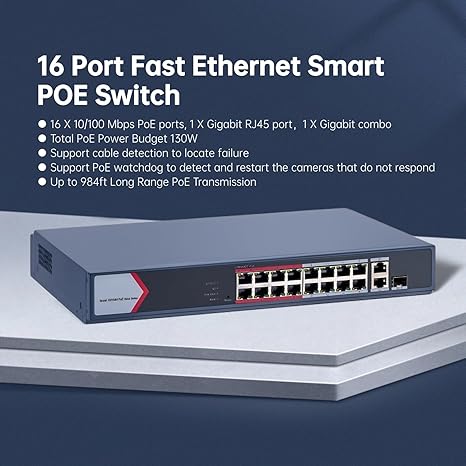 Hikvision DS-3E1318P-EI/M - 16 Port Fast Ethernet Smart POE Switch
