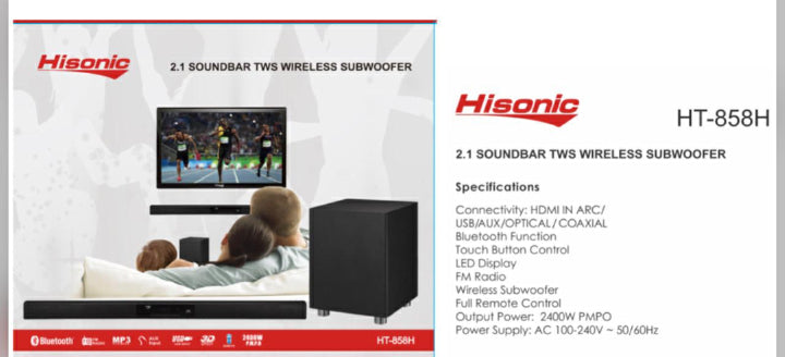 Hi Sonic HT-858H 2.1CH Soundbar Home Theater System – 130W Bluetooth Multimedia Speaker with Subwoofer, USB Port, Dolby Plus