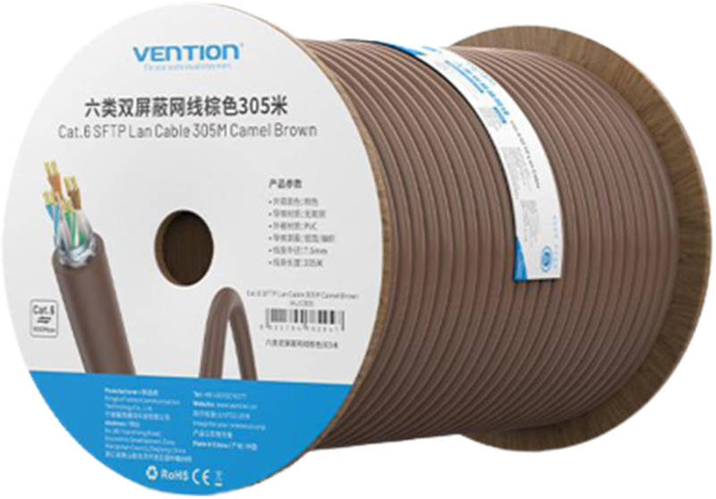 Vention IHJC305 Cat 6 SFTP 305M LAN Cable - Double Shielded Network, 250MHz Transmission Bandwidth, 1000Mbps Transmission Rate, 23AWG Wire Gauge, PVC Outer Cover