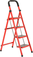 In-House JK-1104AR 4 Step Steel Red Folding Ladder 150kg Capacity – Heavy Duty Industrial Grade A-Type Step Ladder for Home, Office, Maintenance, and Construction Use