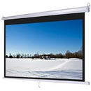 94x94 inches motorized projector screen deployed in a corporate boardroom displaying a presentation