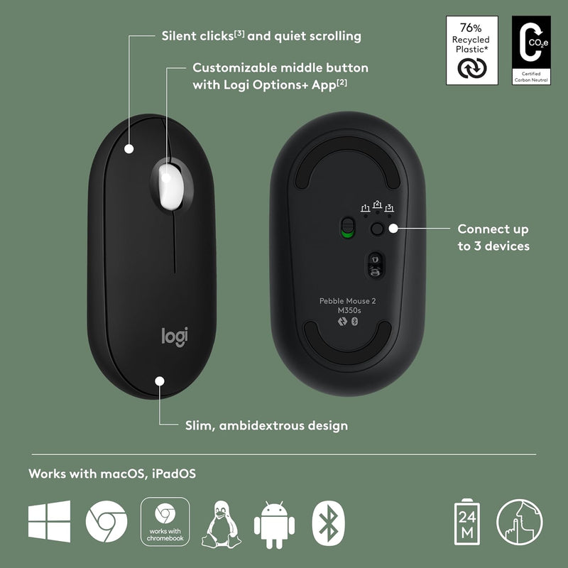 Logitech Pebble Mouse 2 M350s Slim Bluetooth Wireless Mouse, Portable, Lightweight, Customizable Button, Quiet Clicks, Easy-Switch for Windows, macOS, iPadOS, Android, Chrome OS