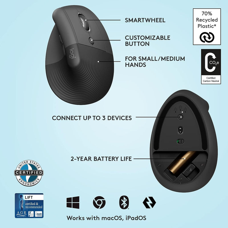 Logitech Lift Vertical Ergonomic Mouse (910-006473) 