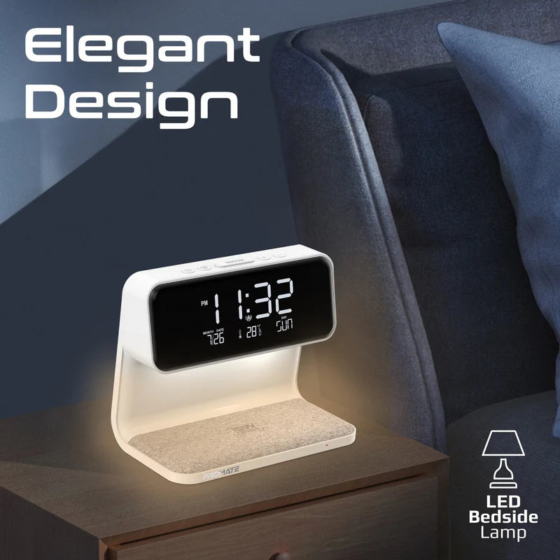 Promate 3-in-1 Multi-Function LED Alarm Clock with 15W Wireless Charger
