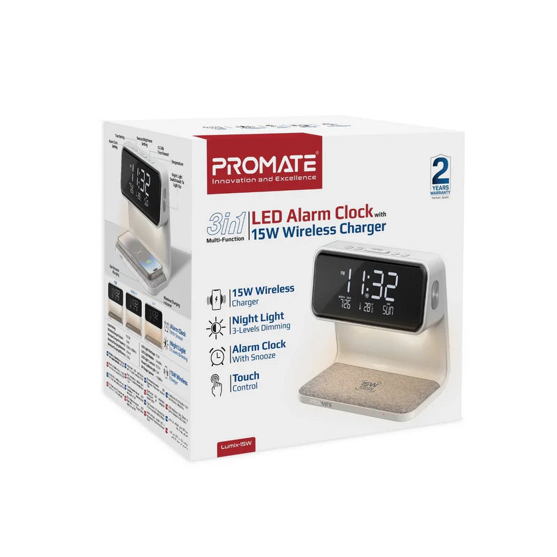 Promate 3-in-1 Multi-Function LED Alarm Clock with 15W Wireless Charger