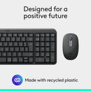 Logitech wireless keyboard and mouse set on a light gray background with the text 'Designed for a positive future' and 'Made with recycled plastic' plus a recycling icon.