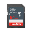 SanDisk Ultra 64GB SDXC card being inserted into a digital camera for Full HD video recording