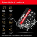 Close-up of SanDisk Extreme Express 256GB microSDXC memory card featuring up to 880MB/s read speed and V30 Video Speed Class