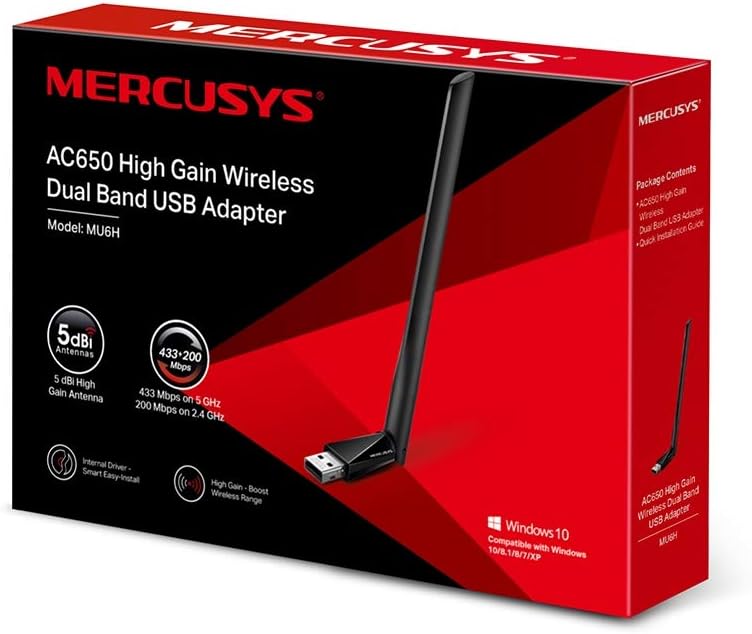 Mercusys MU6H AC650 High Gain Wireless Dual Band Wi-Fi USB Adapter, 650Mbps Wi-Fi Speed, 5dBi High Gain Antenna