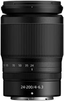 Straight-on side profile of the compact Nikon NIKKOR Z 24-200mm f/4-6.3 VR all-in-one zoom lens showing focal length scale
