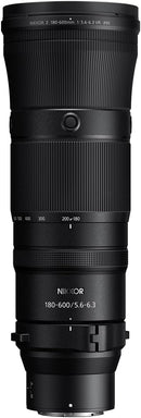 Vertical front-facing view of the Nikon NIKKOR Z 180-600mm f/5.6-6.3 VR telephoto lens barrel and control rings without tripod collar foot