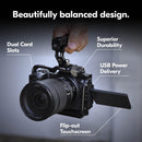 Hand holding Nikon Z6 III mirrorless camera displaying the articulating touchscreen LCD screen