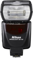 Front close-up view of the Nikon SB-700 Speedlight main flash head and hot-shoe locking lever