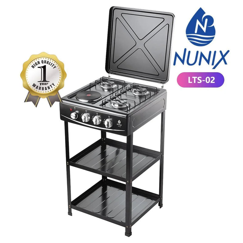 Nunix LTS-02 3-Gas Burner and 1 Electric Top Cooker with Storage Shelves