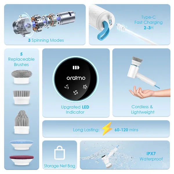 Oraimo OSS-204A Ultra Cleaner Scrubber Cordless 1.5H Runtime Electric Spin Brush with 5 Replacement Heads