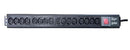 Close up of C13 sockets and illuminated power switch on aluminum PDU