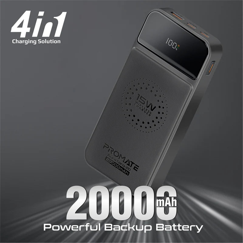 Promate 20000mAh Ultra Slim Wireless Charging Power Bank (AURATORQ-20.BLK) - 15W Wireless Charging, 20W power delivery, 18W USB-C