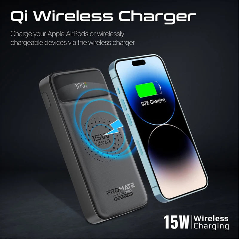 Promate 20000mAh Ultra Slim Wireless Charging Power Bank (AURATORQ-20.BLK) - 15W Wireless Charging, 20W power delivery, 18W USB-C