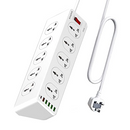 Close-up view of Lightwave LW-EXT-106U-3P extension socket showing 10 universal outlets, 6 USB charging ports, and power switch