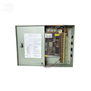 Interior layout of 12V 5A closed CCTV power box displaying fused terminals and channel LED indicators