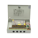 Inside view of 12V 10A closed CCTV power supply showing fused terminal channels and status LEDs