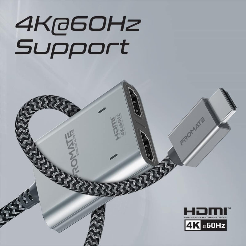 Promate MediaSplit-H2 4K@60Hz HDMI Splitter Cable with Dual HDMI Ports - 1M Cable length